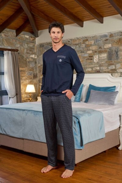 V Yaka Ekose Desen Erkek Pijama Takımı CossybyAqua 26169