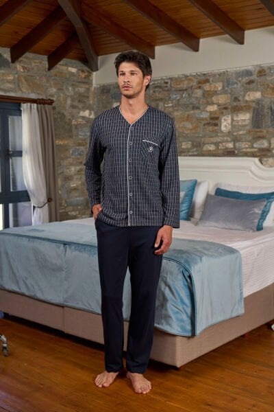 Önden Düğmeli Ekose Desen Erkek Pijama Takımı CossybyAqua 26170