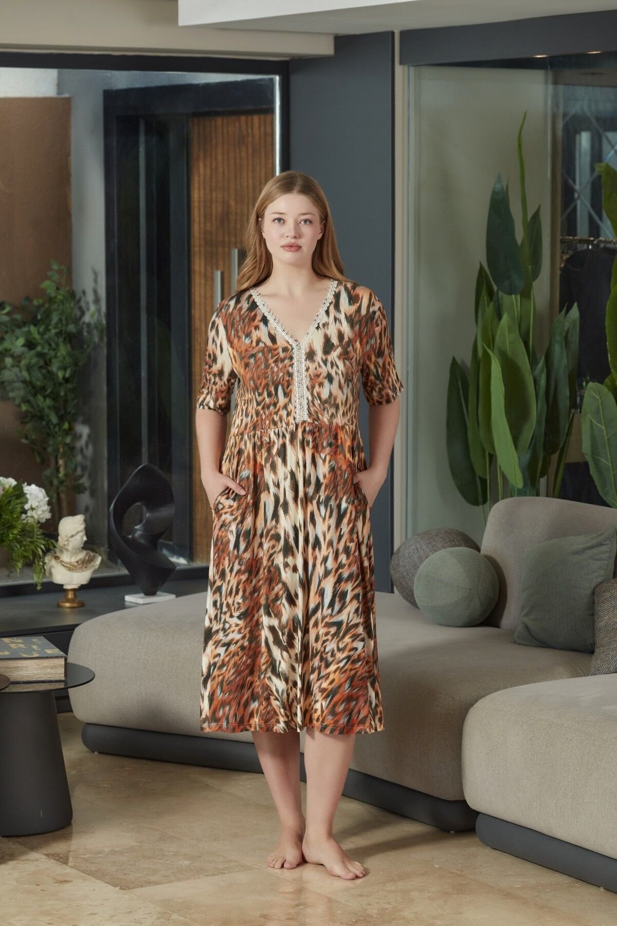 Dirsek Kol Leopar Desen Ev Elbisesi CossybyAqua 26671
