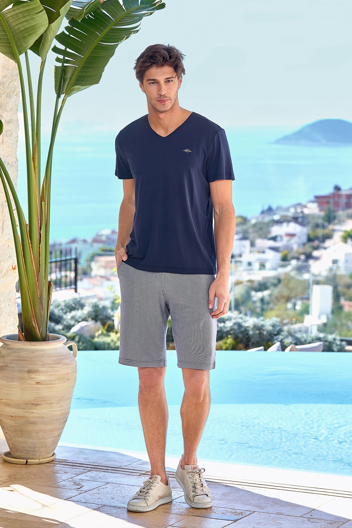 Kısa Kol Çizgi Desen Spor Şort Takım Battal Boy CossybyAqua 25957