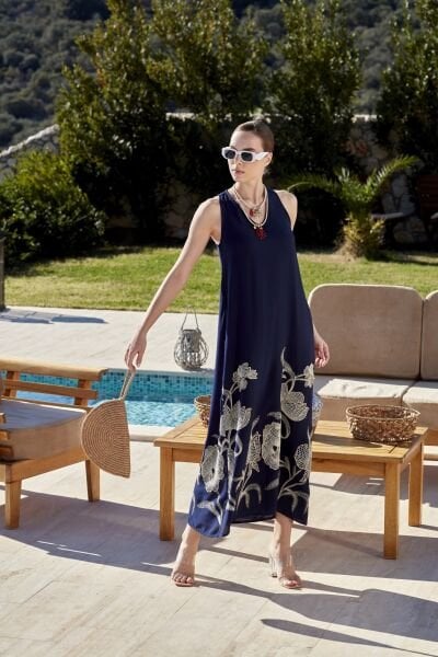 Kolsuz Uzun Desenli Elbise CossybyAqua 26807