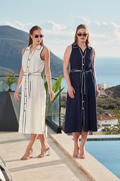 Önden Düğmeli Yaka Detay Midi Elbise CossybyAqua 26808