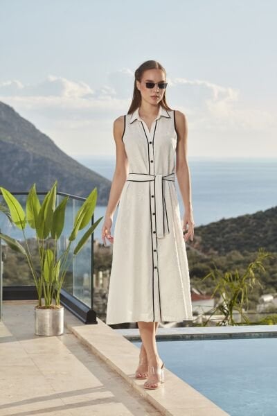 Önden Düğmeli Yaka Detay Midi Elbise CossybyAqua 26808