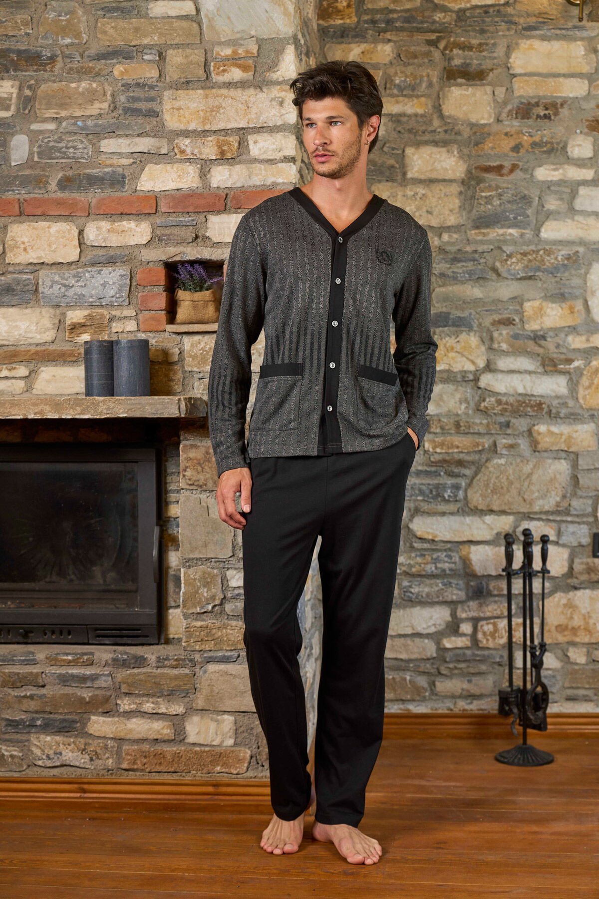 Önden Düğmeli Çizgi Desen Erkek Pijama Takımı CossybyAqua 26177