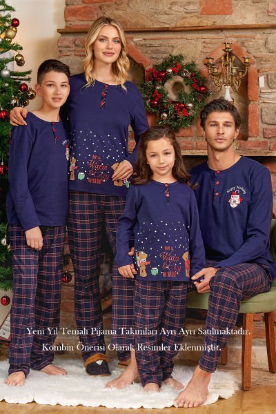 Uzun Kol Sevimli Baskı Detay Kadın Yeni Yıl Pijama Takımı CossybyAqua 24048 38 - LACİVERT