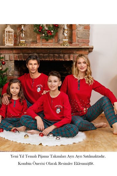 Uzun Kol Sevimli Baskı Detay Kadın Yeni Yıl Pijama Takımı CossybyAqua 24048 38 - LACİVERT