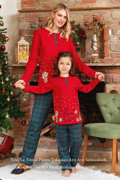 Uzun Kol Sevimli Baskı Detay Kadın Yeni Yıl Pijama Takımı CossybyAqua 24048