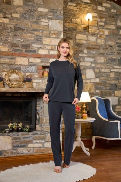 Uzun Kol Taş Baskılı Pijama Takımı CossybyAqua 26232 38 - ANTRASİT
