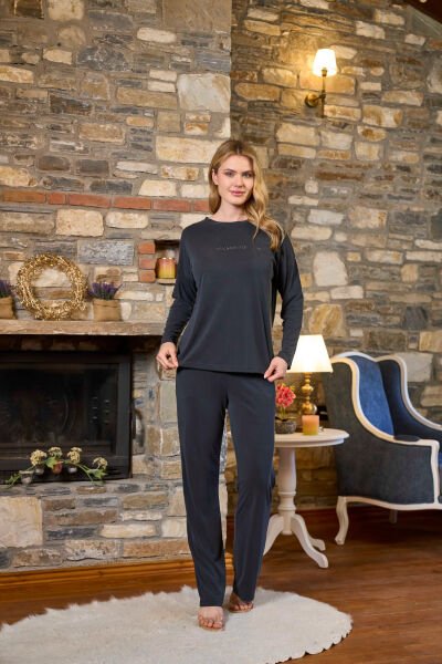Uzun Kol Taş Baskılı Pijama Takımı CossybyAqua 26232 42 - ANTRASİT