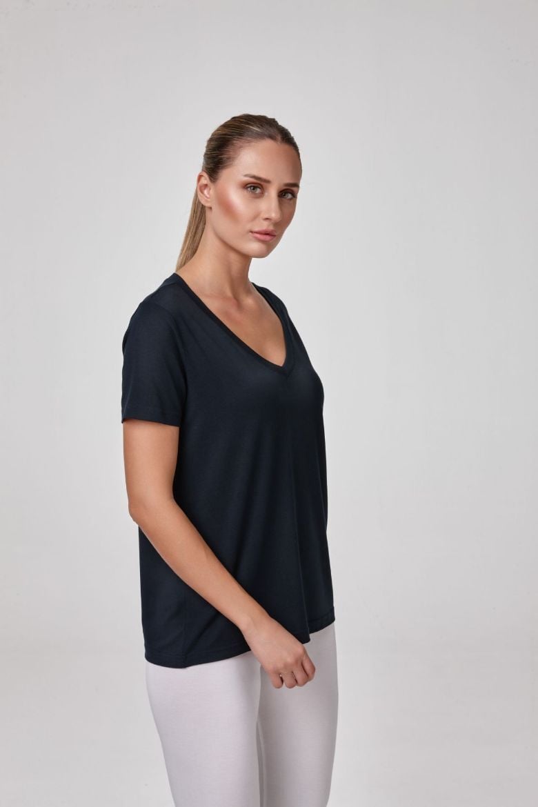 Relactive Kadın Kısa Kollu Derin V Yaka T-Shirt Bluz 2572