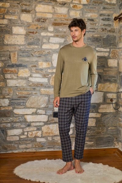Uzun Kol Nakış Detay Erkek Pijama Takımı CossybyAqua 26154 M - HAKİ