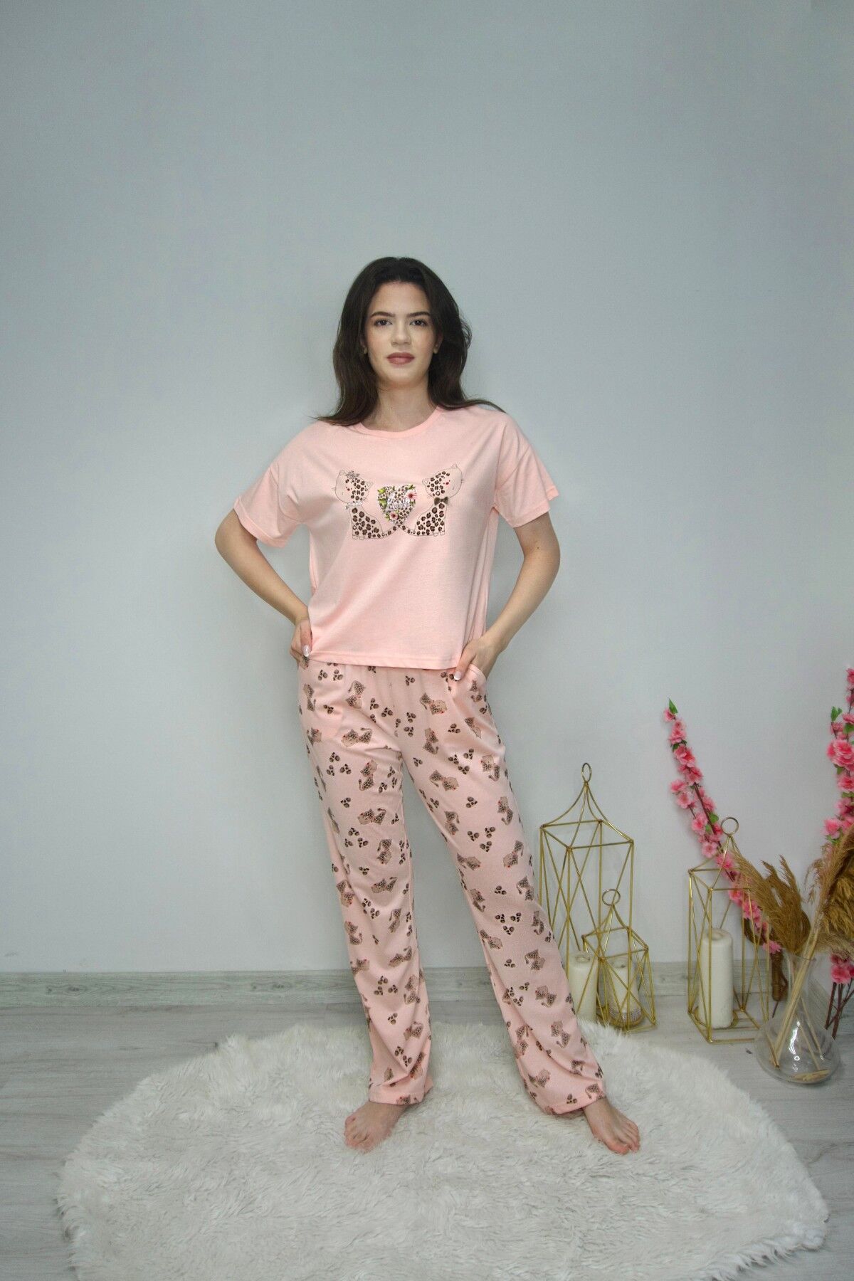 Kısa Kol Desenli Taş Baskılı Pijama Takımı PinkbyAqua 6101