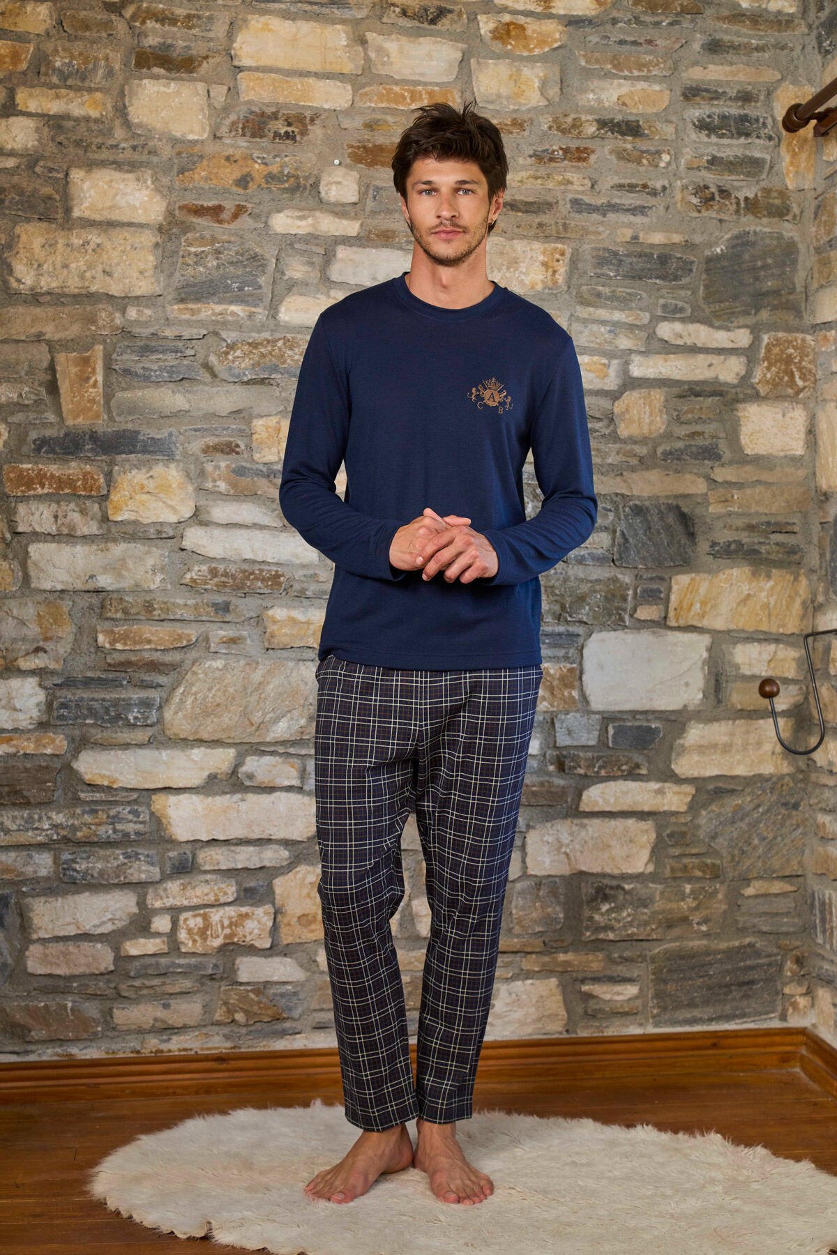 Uzun Kol Nakış Detay Erkek Pijama Takımı CossybyAqua 26154 M - LACİVERT