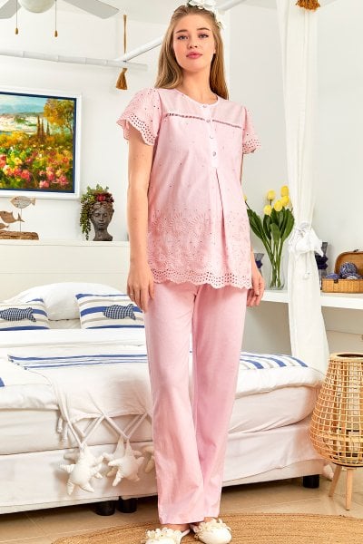 Kısa Kol Fisto Detaylı Lohusa Pijama Takımı