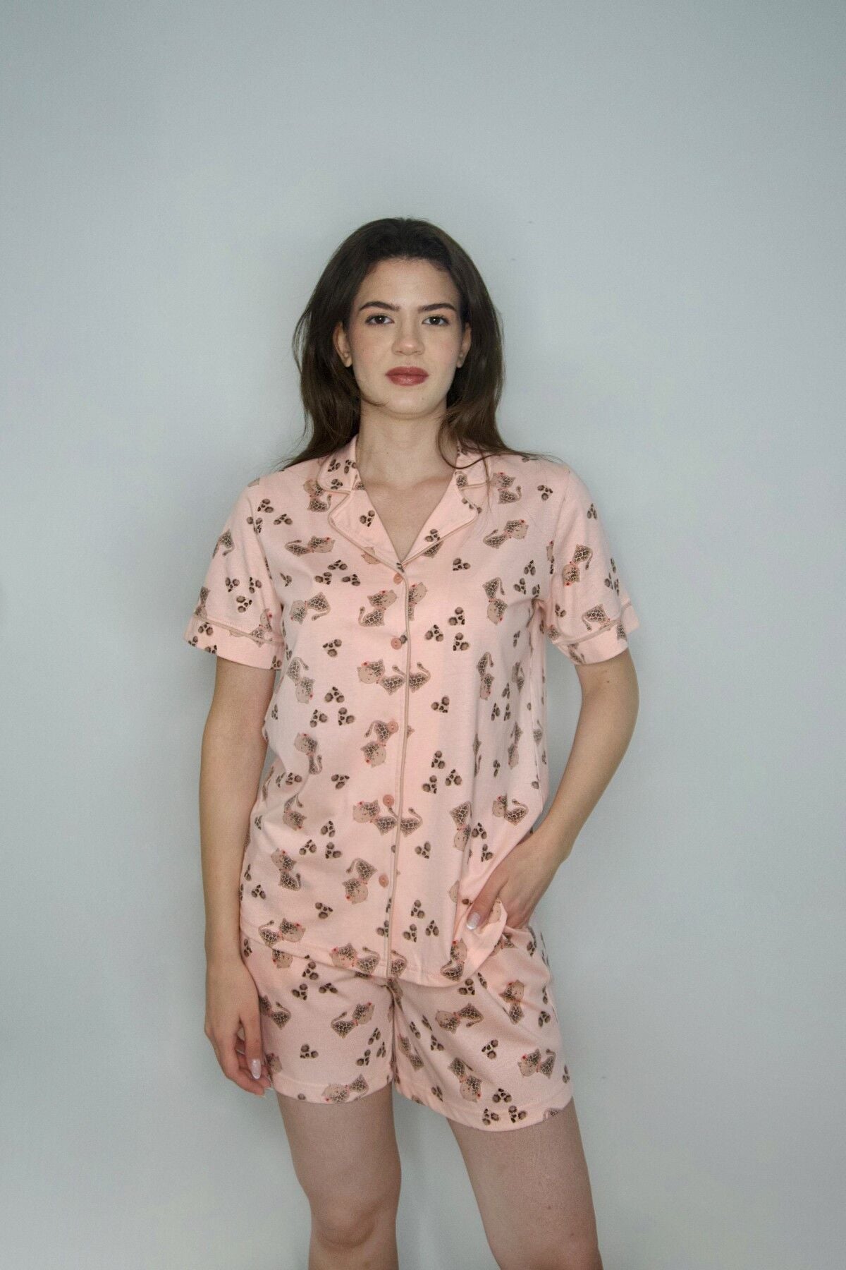 Kısa Kol Gömlek Yaka Pijama Şort Takım PinkbyAqua 6102