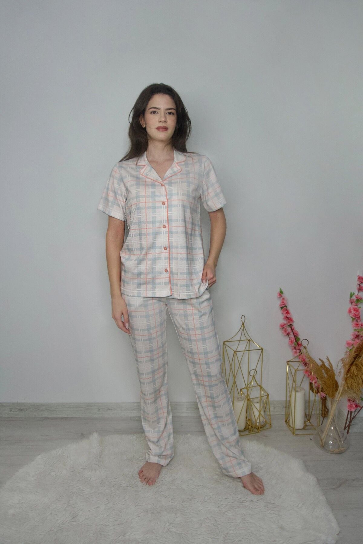 Ekose Desen Kısa Kol Önden Düğmeli Pijama Takımı PinkbyAqua 6103