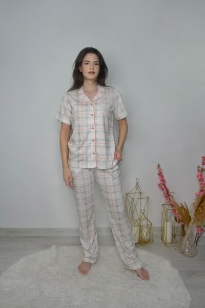 Ekose Desen Kısa Kol Önden Düğmeli Pijama Takımı PinkbyAqua 6103