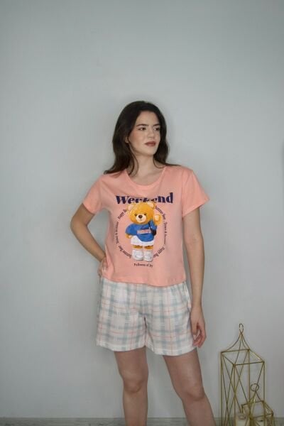 Kısa Kol Baskı Detay Pijama Şort Takım PinkbyAqua 6104
