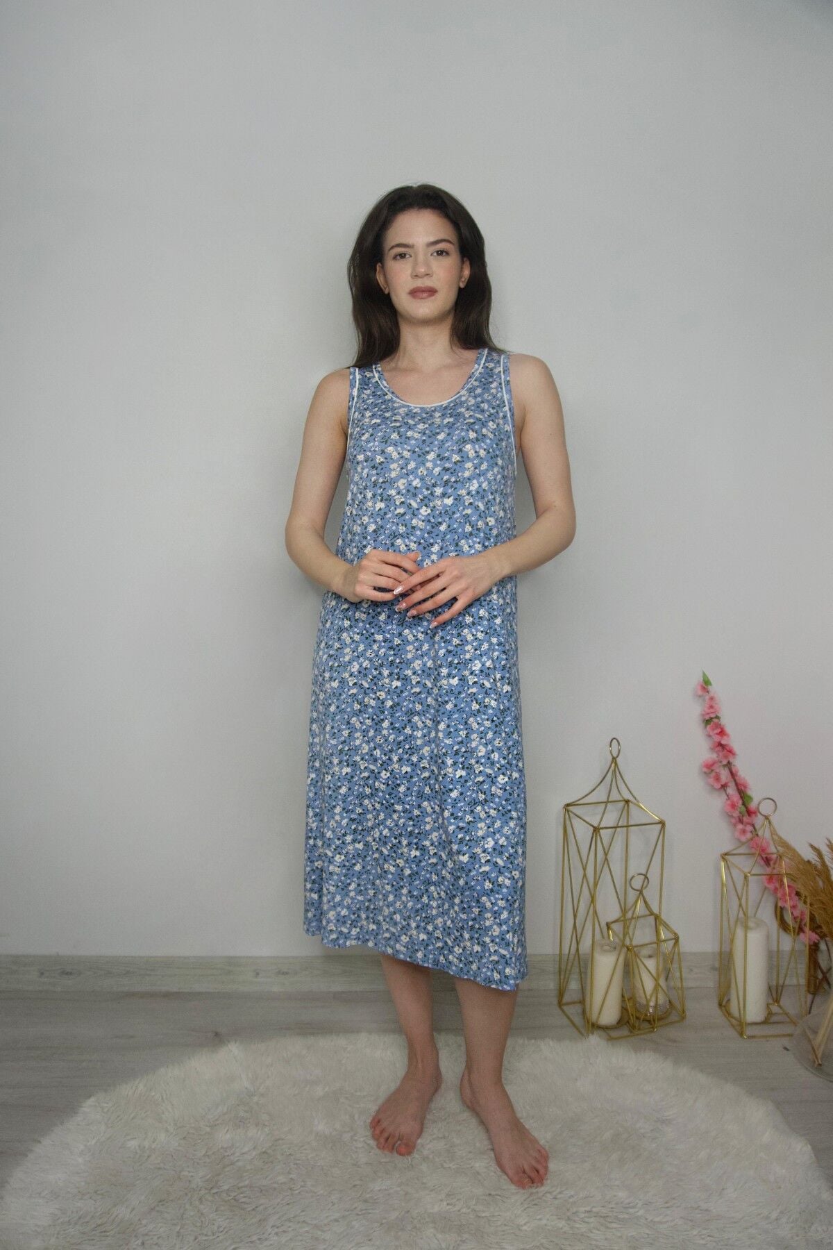 Kalın Askılı Büyük Beden Gecelik Ev Elbisesi PinkbyAqua 6106