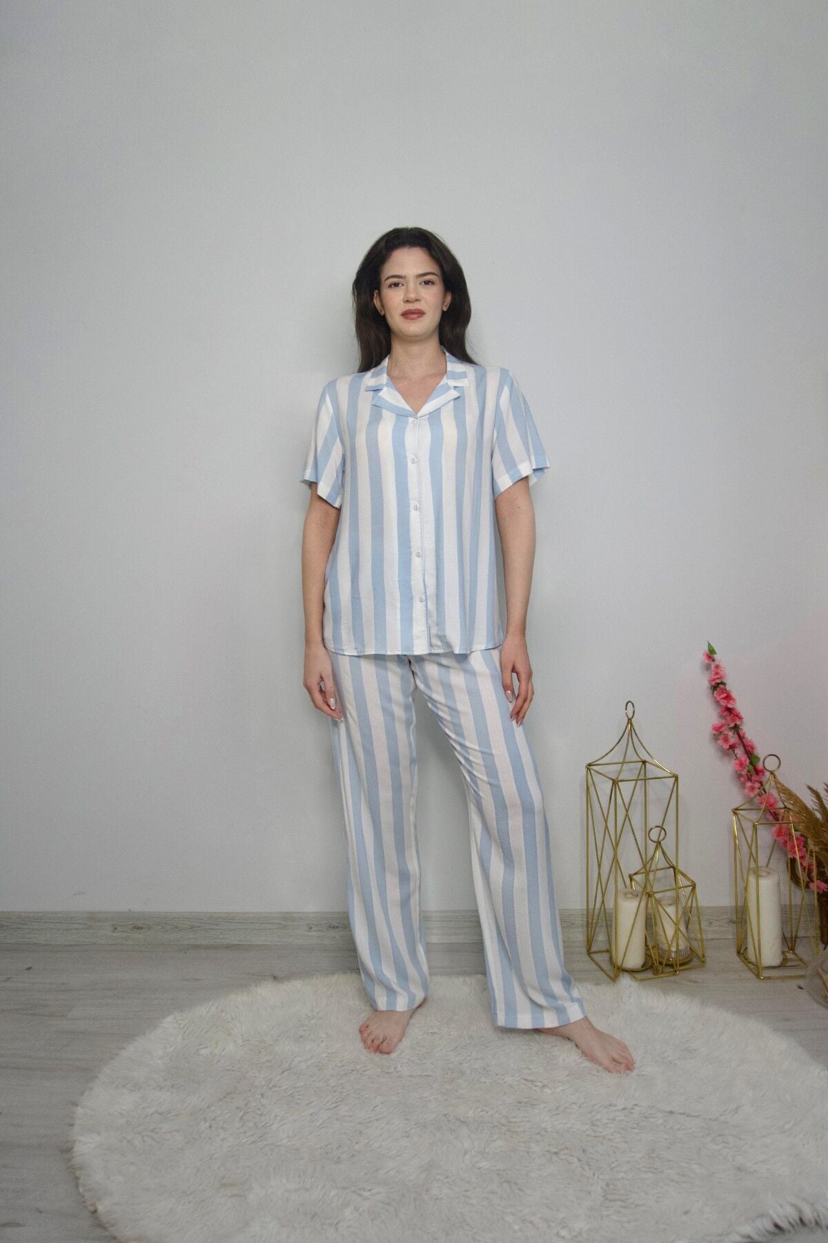Çizgi Desen Önden Düğmeli Pijama Takımı PinkbyAqua 6111