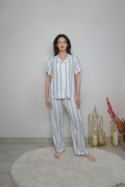 Çizgi Desen Önden Düğmeli Pijama Takımı PinkbyAqua 6111