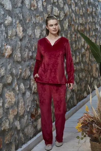 Dantel Detay Polar Pijama Takımı CossybyAqua 27078 40 - BORDO