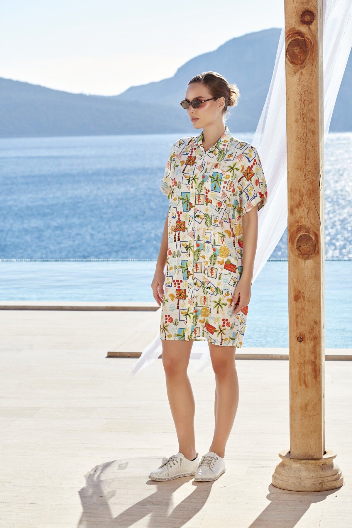 Gömlek Yaka Önden Düğmeli Desenli Elbise CossybyAqua 26502