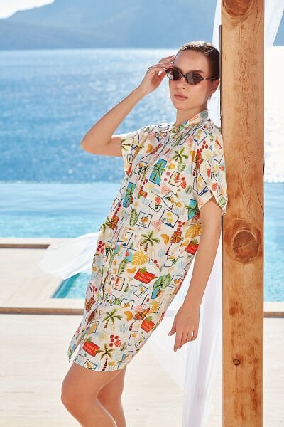 Gömlek Yaka Önden Düğmeli Desenli Elbise CossybyAqua 26502