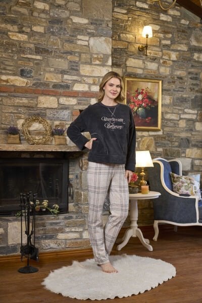 Nakış Detay Üst Polar Pijama Takımı CossybyAqua 26255