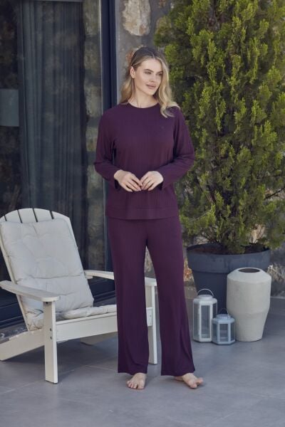 Uzun Kol Sade Şık Homewear Pijama Takımı CossybyAqua 27102 40 - BORDO