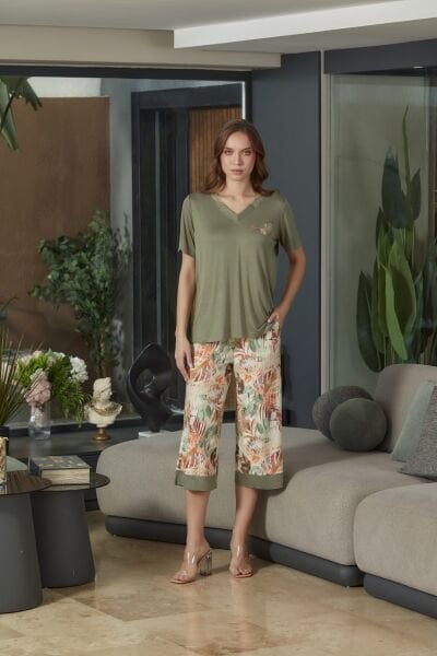 Kısa Kol Desenli Pijama Kapri Takım CossybyAqua 26592