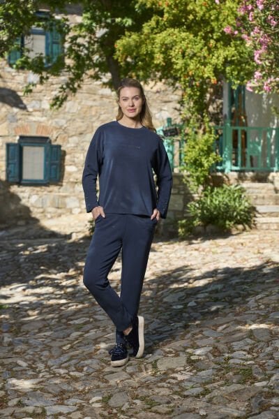 Taş Baskılı Düğme Detay Kadın Spor 2'li Takım CossybyAqua 26116 Petrol