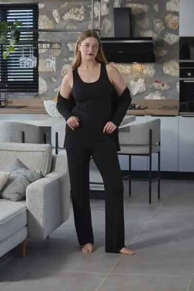 Ceketli 3'lü Kadın Pijama Takımı CossybyAqua 27108 46 - SİYAH
