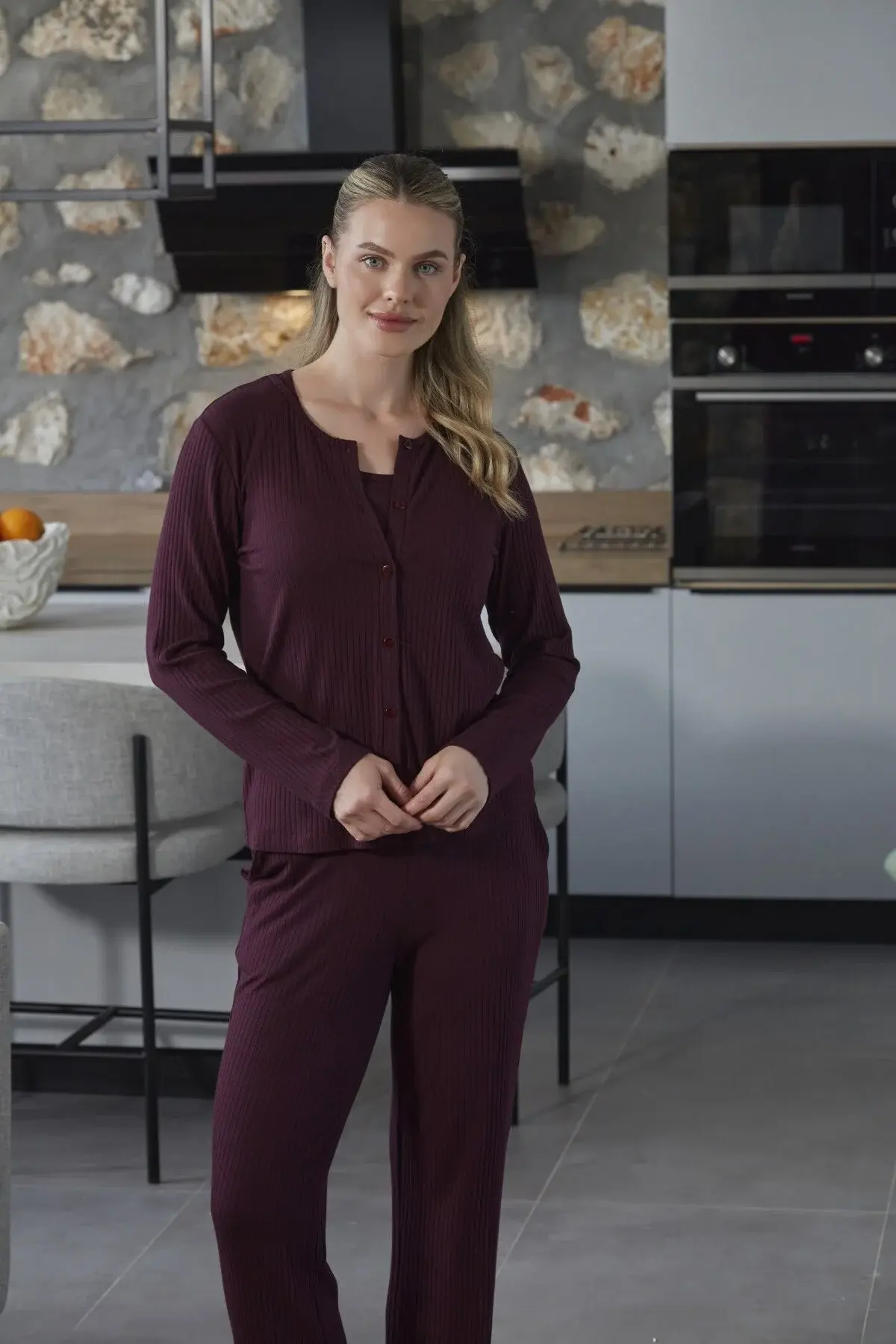 Ceketli 3'lü Kadın Pijama Takımı CossybyAqua 27108 46 - BORDO
