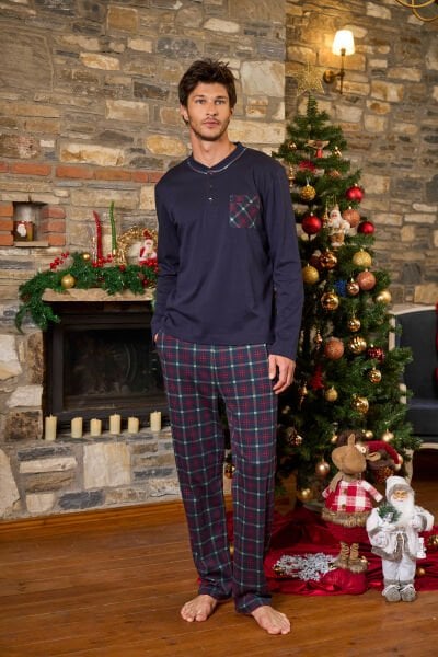 Uzun Kol Ekose Desen Erkek Pijama Takımı CossybyAqua 26163 Lacivert