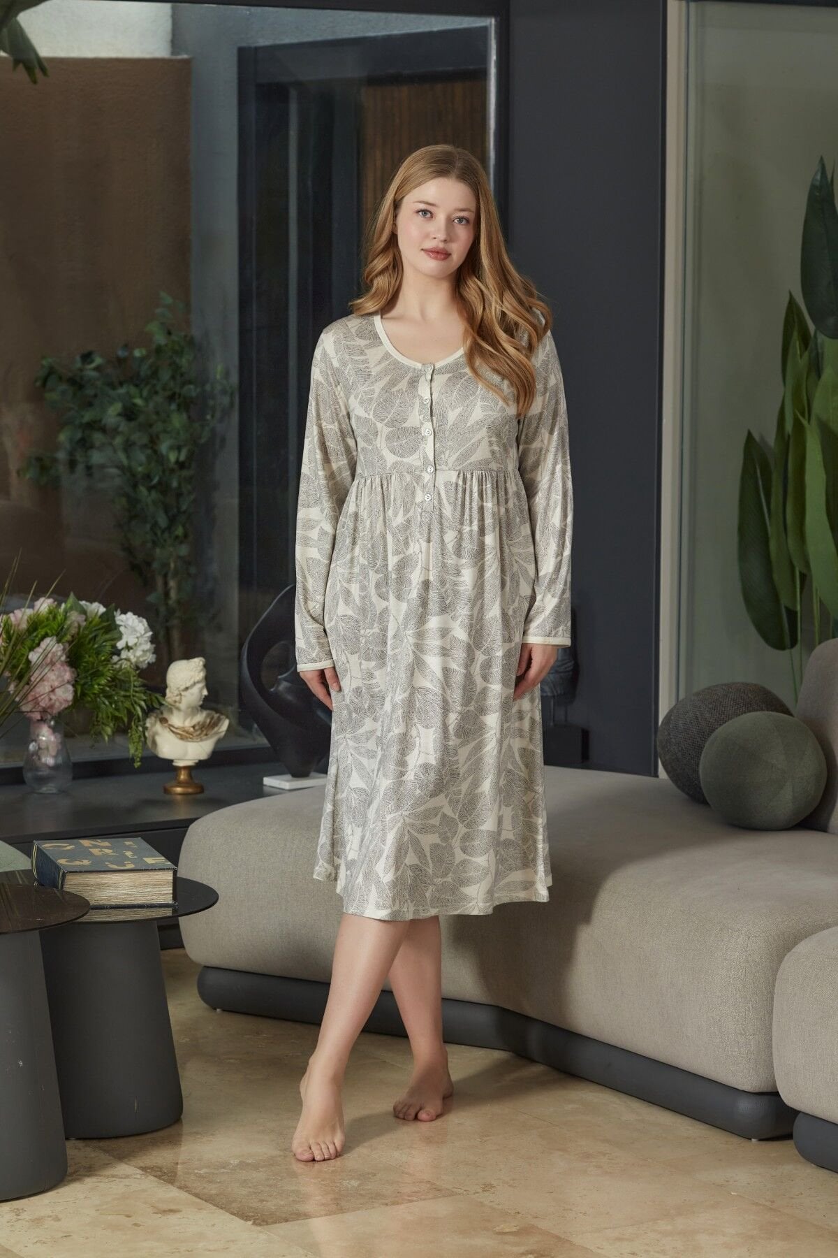 Uzun Kol Desenli Gecelik CossybyAqua 26603 (Geniş beden aralığı)