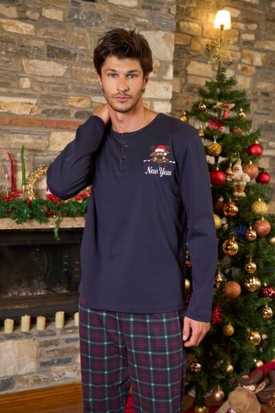 Yeni Yıl Temalı Ekose Desen Erkek Pijama Takımı CossybyAqua 26164 Lacivert