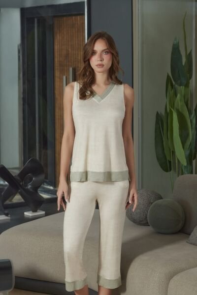 Kolsuz V Yaka Pijama Kapri Takım CossybyAqua 26605 42 - YEŞİL