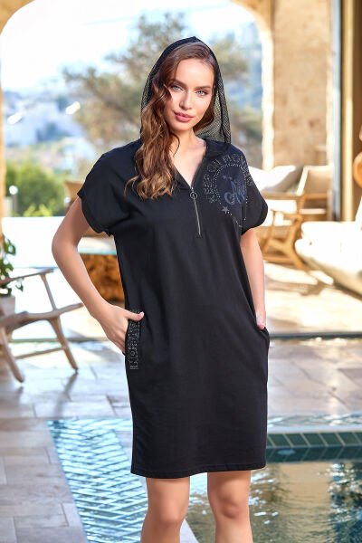 Baskı Detay Kapüşonu File Elbise CossybyAqua 25814 38 - SİYAH