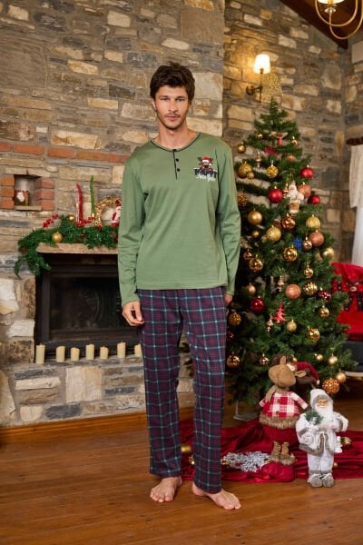 Yeni Yıl Temalı Ekose Desen Erkek Pijama Takımı CossybyAqua 26164 Yeşil