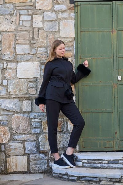 Peluş Detay Dik Yaka Kapüşonlu Şık Eşofman Takımı CossybyAqua 26132