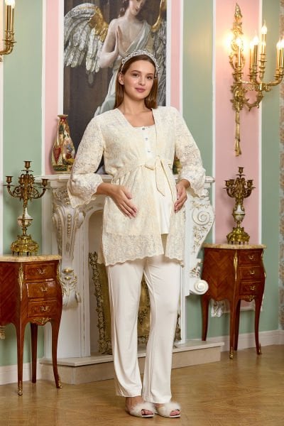 Dantel Sabahlıklı 3'lü Lohusa Pijama Takımı CossybyAqua 25130