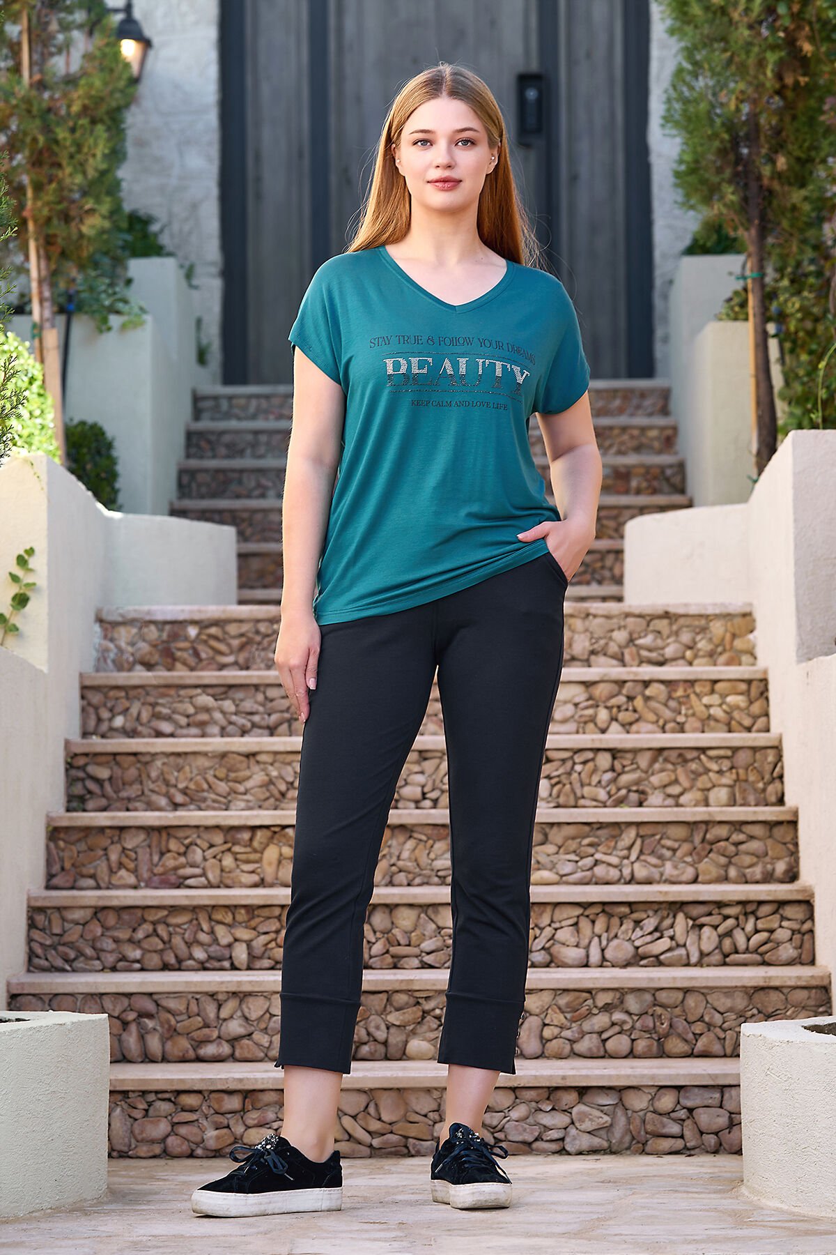 Kısa Kol Büyük Beden Spor 2'li Takım CossybyAqua 25822 40 - TURKUAZ LACİVERT