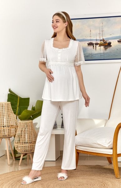 Kısa Kol Brodeli Lohusa Pijama Takım 22508