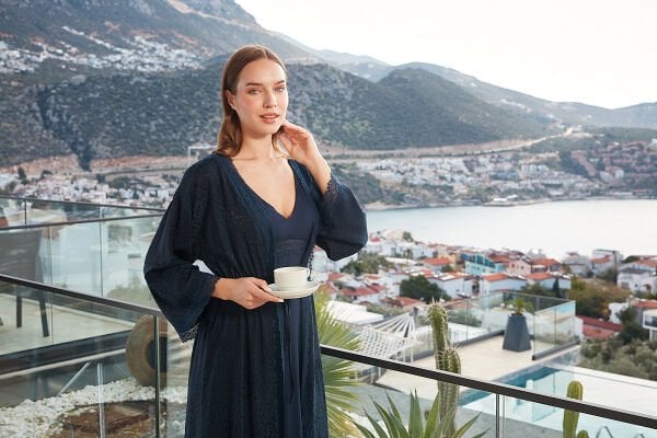 Bel Büzgülü Dantel Detay Uzun Tek Sabahlık CossybyAqua 26647