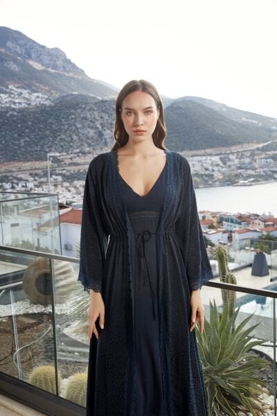 Bel Büzgülü Dantel Detay Uzun Tek Sabahlık CossybyAqua 26647