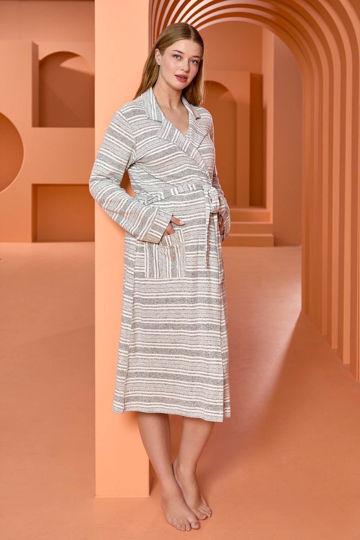 Çizgi Desen Uzun Kollu Sabahlık CossybyAqua 25147