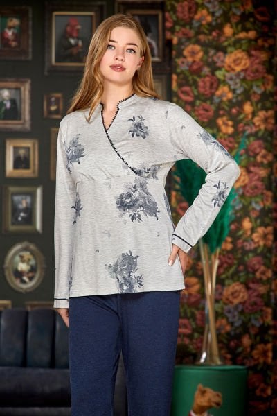 Desenli Kruvaze Yaka Pijama Takım (Geniş Beden Aralığı)