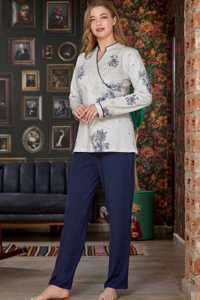 Desenli Kruvaze Yaka Pijama Takım (Geniş Beden Aralığı)