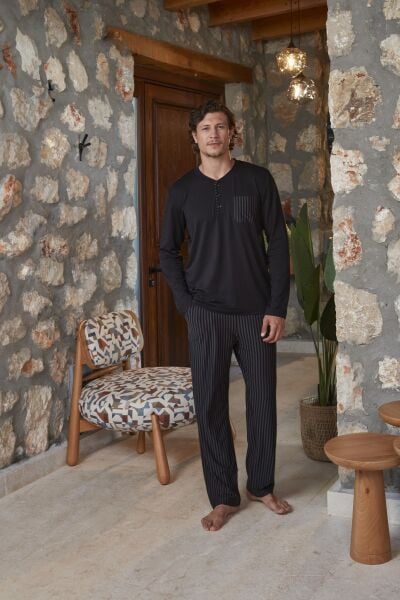 Çizgi Desen Uzun Kol Erkek Pijama Takımı CossybyAqua 27429